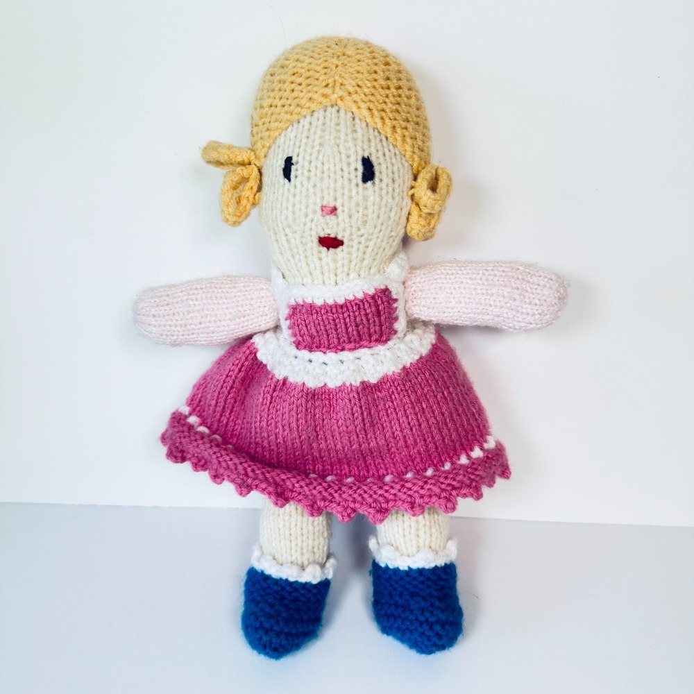 Hand-Knitted Yarn Doll Jean Greenhowe Vintage Pattern Blonde‎ Girl Pink 11.5 in